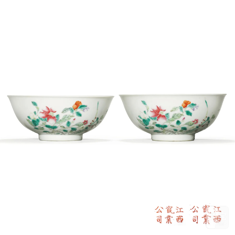 民国 粉彩花卉纹碗一对